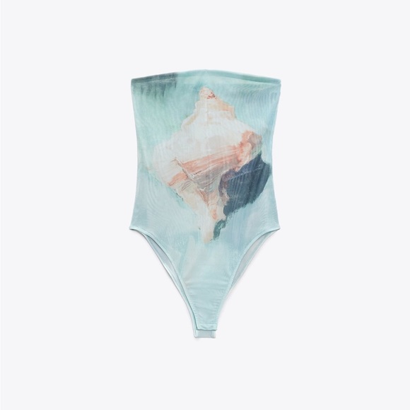Zara STRAPLESS PRINTED TULLE BODYSUIT. Sky Blue. Size L. New with Tags. - Picture 5 of 7